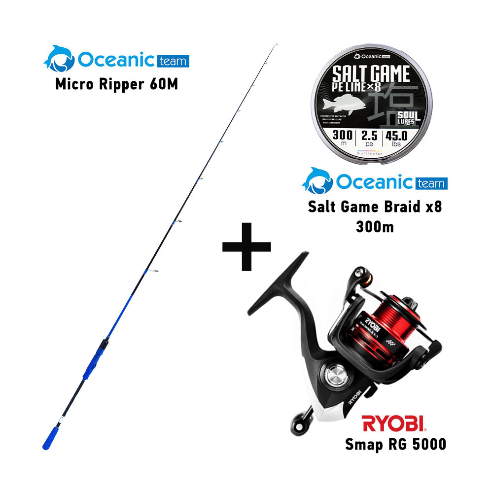 combo slow jigging oceanic team micro ripper 60m + ryobi smap rg 5000 + oceanic team salt game braid x8 300m