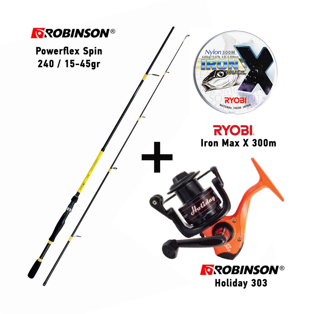 combo spinning robinson powerflex spin 240 / 10 30gr + robinson holiday 303 + ryobi iron max x 300m 0.26mm