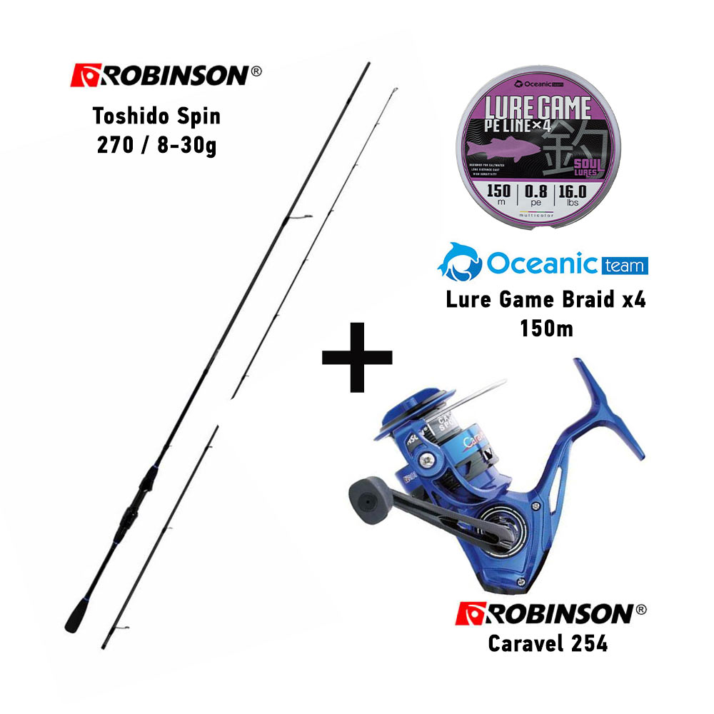 combo spinning robinson toshido spin 270 / 8 30gr + robinson caravel 254 + oceanic team lure game braid x4 150m